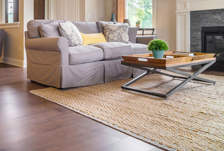 natural area rug in living room with fireplace