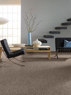 beige patterned carpet in ultra-modern living room with blue accents